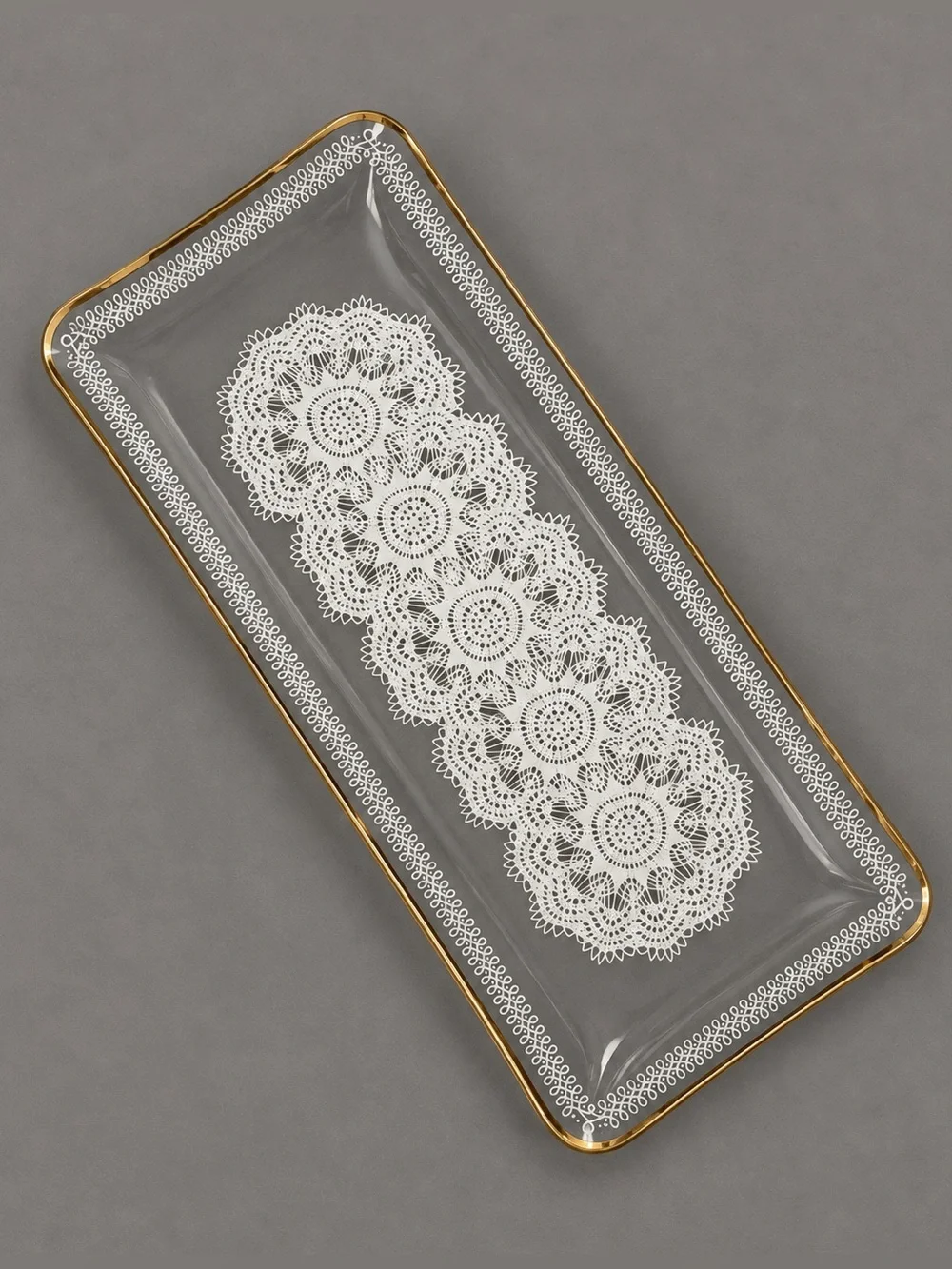 Crystal Clear Industries White Lace Gold Trim 13” Glass Tray Vintage